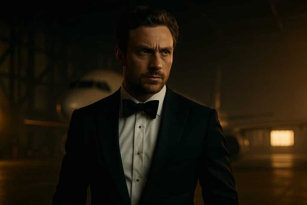 Aaron Taylor-Johnson in a tailored tux, his jaw set in determination, a shadowed airplane hangar behind—charged tension in his gaze.