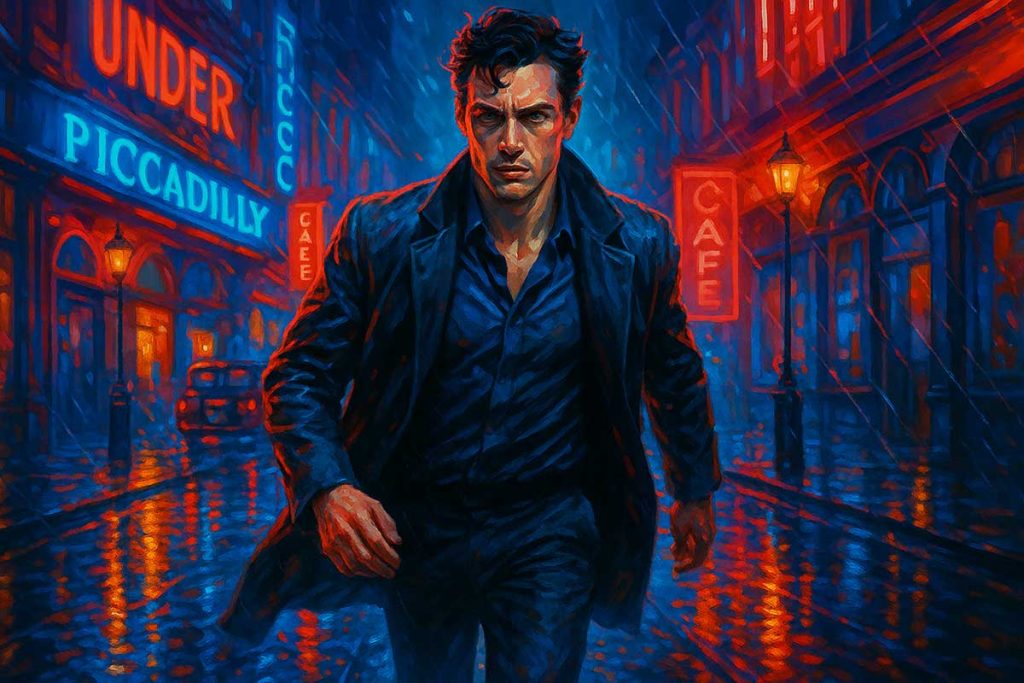 Callum Turner mid-stride on a rain-slicked London street