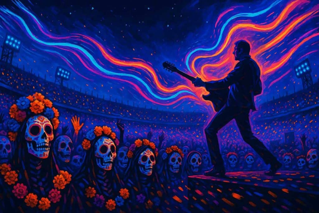 Stadium crowd morphs into skull-faced figures adorned with colorful paper flowers; neon guitar riffs ripple across a night sky in stylized, surreal energy.