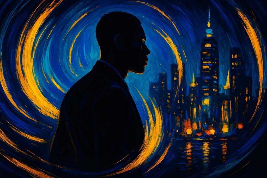 Silhouetted Aaron Pierre poised in front of a neon-lit skyline, bold blue and gold stylized strokes swirling around him