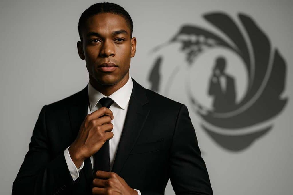 Aaron Pierre adjusting his tie, confident gaze, blurred Bond-style gun silhouette