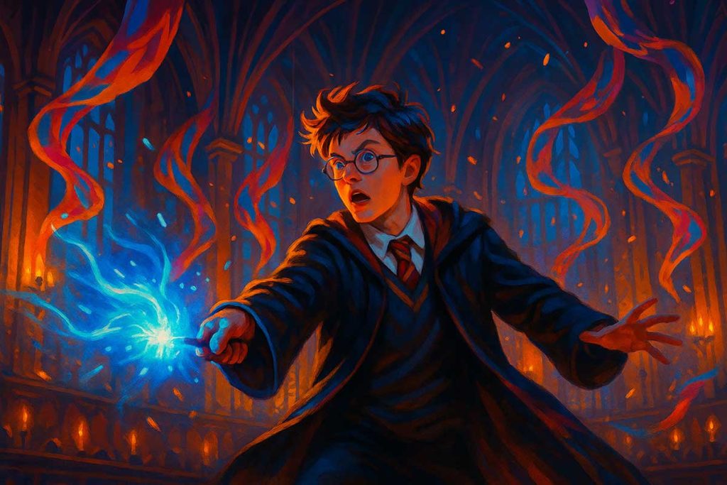Harry Potter casts a spell in the Great Hall