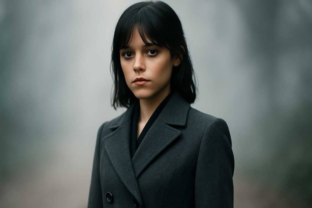 Jenna Ortega in a tailored ’60s detective style coat, standing stoically in soft focus mist