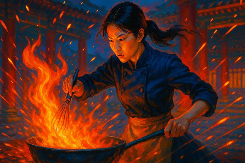 Ji-yeong in action whisk in hand, flames leap from her cooking pot