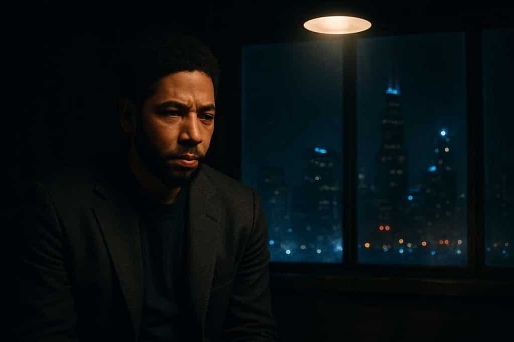 Jussie Smollett seated under a harsh studio spotlight in a dark room