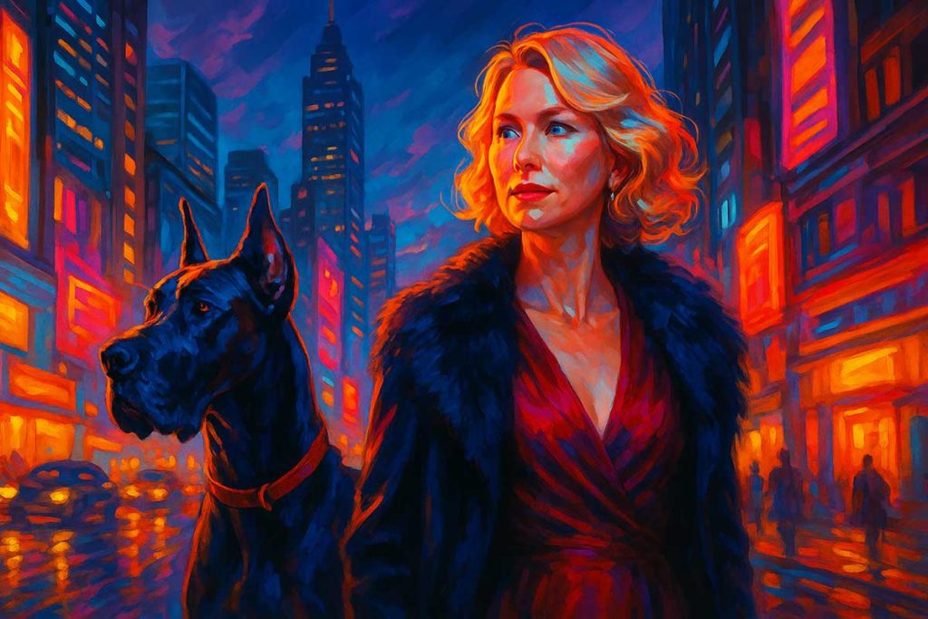 Naomi Watts with Great Dane surreal city scene