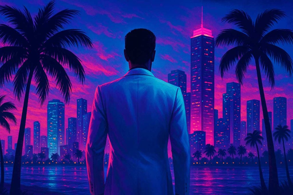 Neon lit Miami skyline at night with a lone guy in a white suit