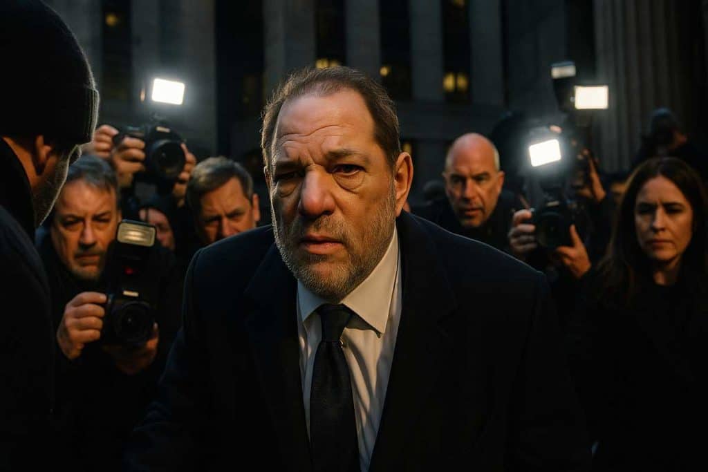 Reporters surround Harvey Weinstein outside a Manhattan courtroom in 2020