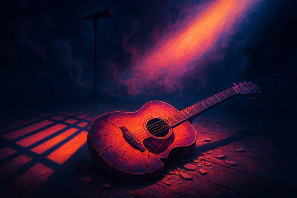 Silhouette of a prison barred shadow over a shattered guitar