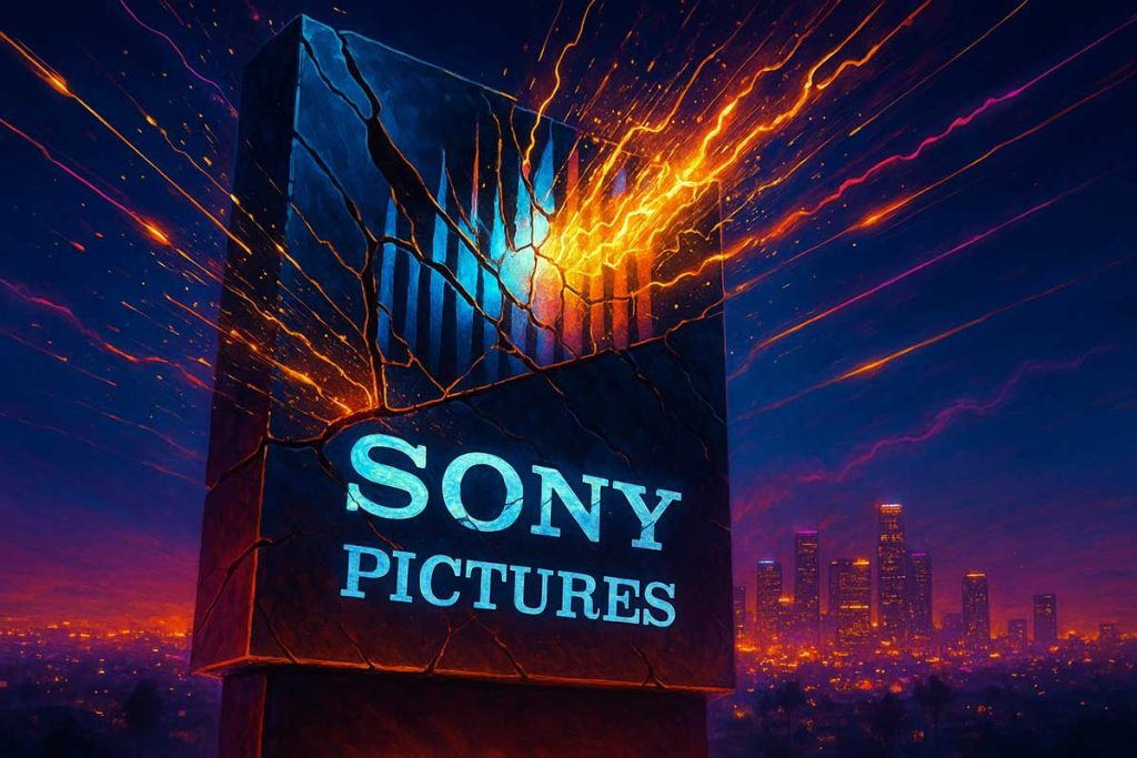 Sony Pictures’ logo cracking apart as glowing streams of leaked data explode across a neon Los Angeles night sky.