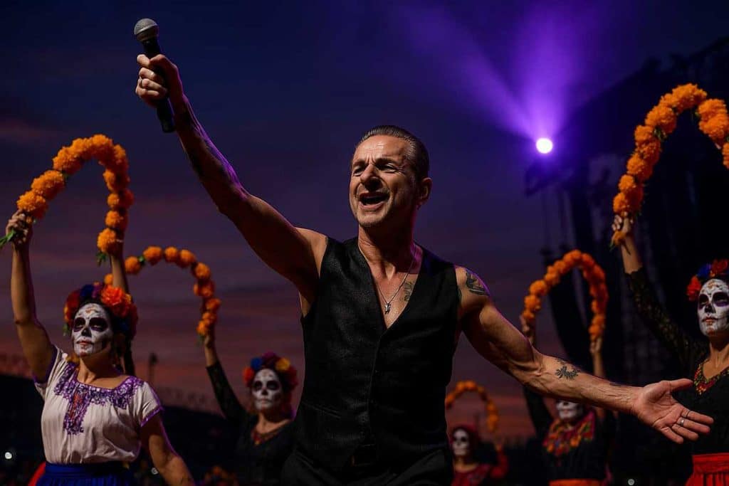 Depeche Mode lead singer bathed in purple spotlight at Foro Sol, celebrating with dancers in traditional Día de los Muertos attire waving marigold garlands under a dusk sky.