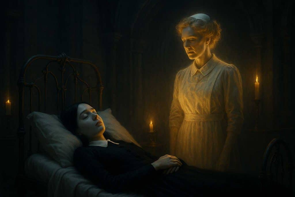 Wednesday Addams lies fainted on a gothic hospital gurney, dim candlelight illuminating her pale face, while Principal Weems appears as a gentle glowing spirit in nurse attire
