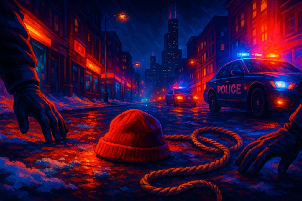 red hat lies abandoned on snow-dusted pavement, surrounded by gloved hands and a rope